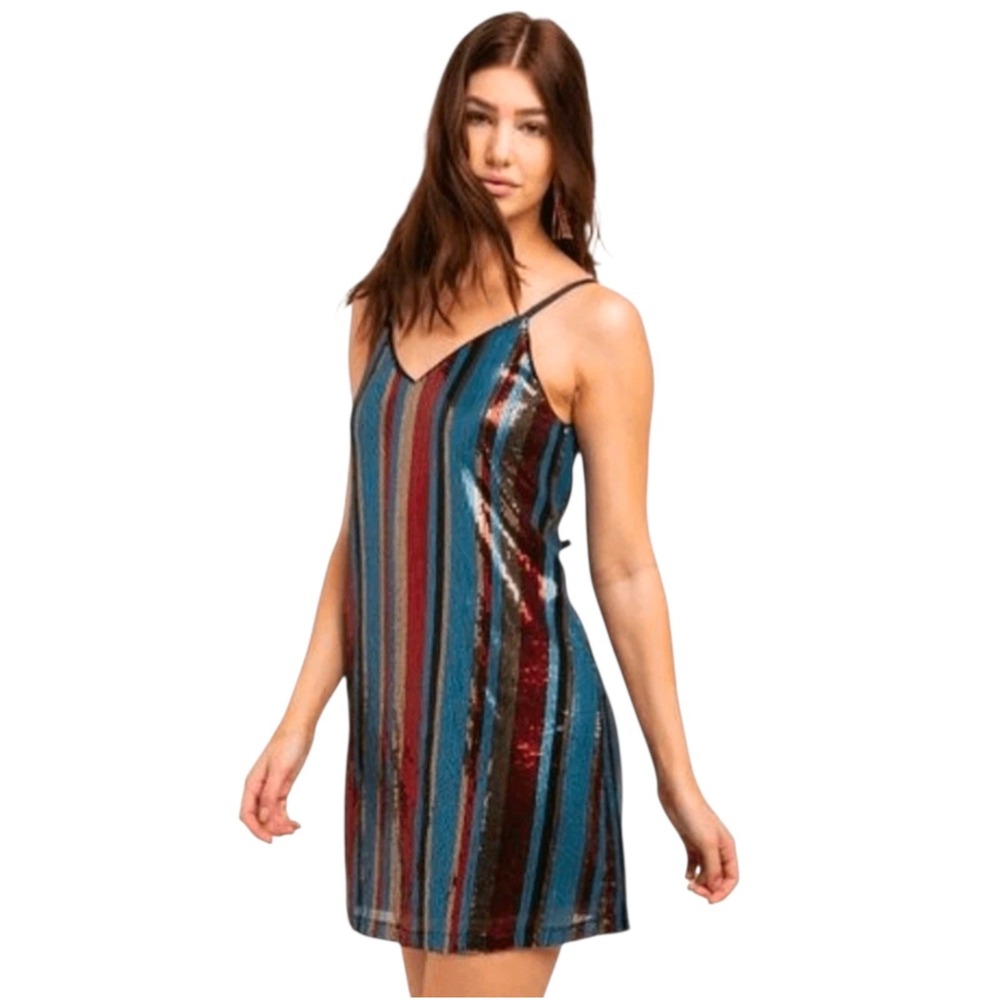 As U Wish Womens S Sequin Stripe Mini Slip Dress Y2K Disco Party Multicolor